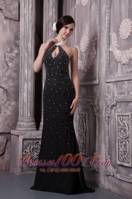 Sexy Beaded Black Evening Dress High-neck Keyhole Open