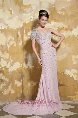 Light Pink One Shoulder Low Back Beading Prom Celebrity Dress
