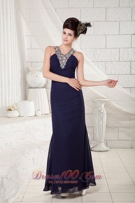 Navy Blue V-neck Evening Dress Cross-back Ankle-length