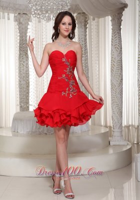 Sweetheart Red Short Prom / Cocktail Dress Ruched Beading