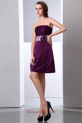 Dark Purple Strapless Cocktail Minidress Brooch Sash