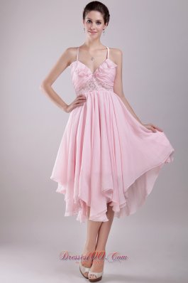 Spaghetti Straps Asymmetrical Chiffon Beading Prom Dress