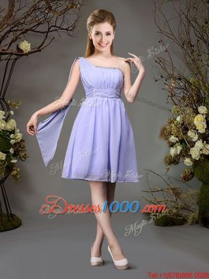 Shining One Shoulder Lavender Sleeveless Mini Length Beading and Ruching Zipper Dama Dress for Quinceanera