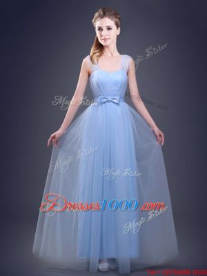Tulle Straps Sleeveless Lace Up Ruching and Bowknot Damas Dress in Light Blue
