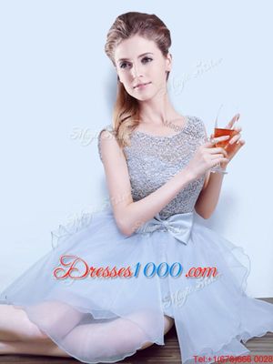 Scoop Grey Lace Up Quinceanera Dama Dress Lace and Ruffles and Bowknot Cap Sleeves Asymmetrical