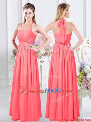 Trendy Watermelon Red Halter Top Neckline Ruching Quinceanera Dama Dress Sleeveless Zipper