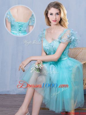 Flare Tulle Short Sleeves Knee Length Court Dresses for Sweet 16 and Lace and Appliques and Bowknot