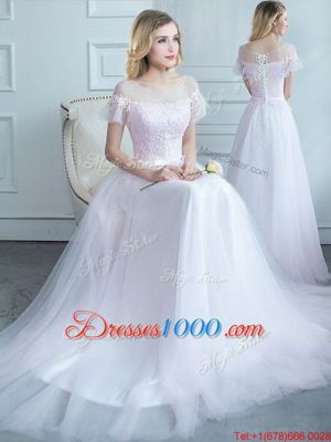 Free and Easy Scoop White Short Sleeves Sweep Train Lace and Belt Dama Dress for Quinceanera