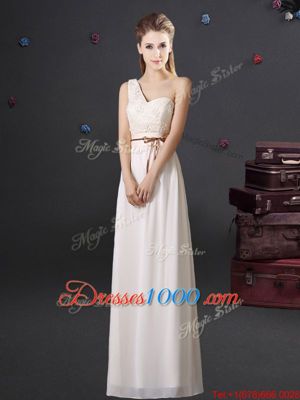 Fine Empire Dama Dress for Quinceanera White One Shoulder Chiffon Sleeveless Floor Length Lace Up