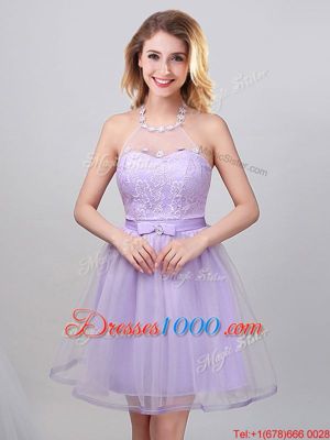 Beautiful Halter Top Sleeveless Tulle Mini Length Lace Up Vestidos de Damas in Lavender for with Lace and Appliques and Belt