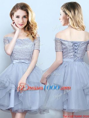 Unique Mini Length Grey Court Dresses for Sweet 16 Off The Shoulder Short Sleeves Lace Up