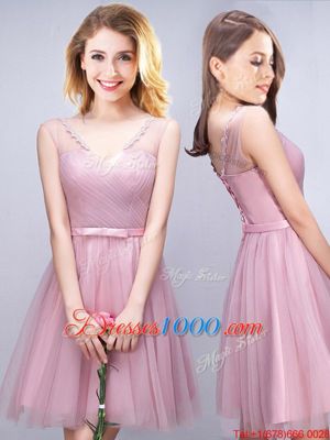 Sleeveless Lace Up Mini Length Ruching and Bowknot Quinceanera Court Dresses