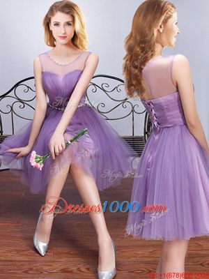 Scoop Lavender Sleeveless Tulle Lace Up Quinceanera Dama Dress for Prom and Party and Wedding Party