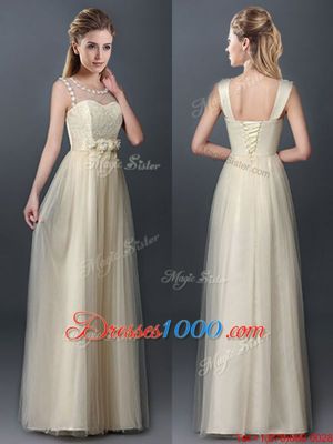 Nice Scoop Champagne Sleeveless Tulle Lace Up Quinceanera Court of Honor Dress for Prom and Party and Wedding Party