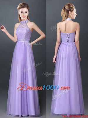 Lavender Tulle Lace Up Halter Top Sleeveless Floor Length Vestidos de Damas Lace and Appliques