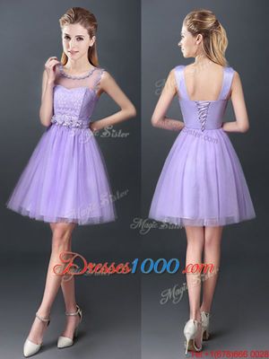 Scoop Mini Length Lavender Dama Dress for Quinceanera Tulle Sleeveless Lace