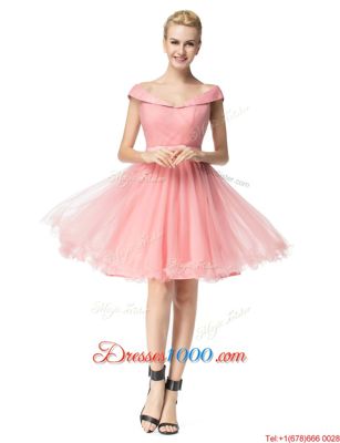 Charming Pink Off The Shoulder Zipper Belt Party Dresses Cap Sleeves