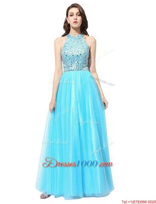 Scoop Aqua Blue Sleeveless Tulle Zipper Womens Evening Dresses for Prom and Party