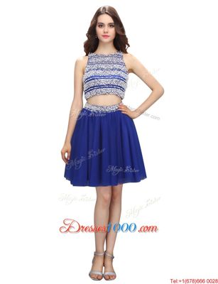 Scoop Royal Blue Sleeveless Knee Length Beading Backless