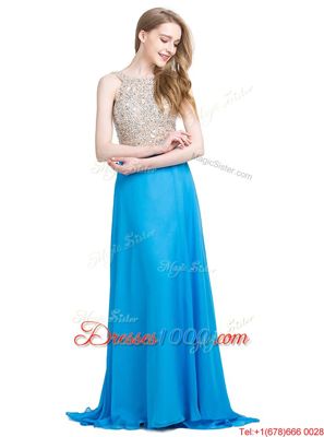 Excellent Scoop With Train Column/Sheath Sleeveless Blue Evening Dresses Brush Train Zipper