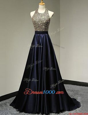Exquisite Navy Blue Column/Sheath Halter Top Sleeveless Satin With Brush Train Backless Beading Formal Evening Gowns