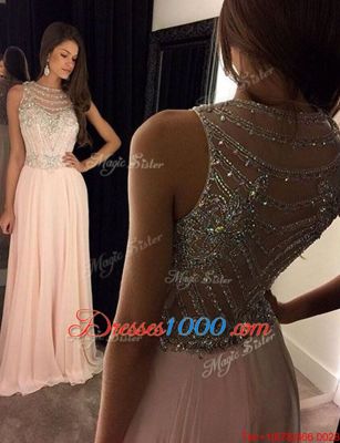 Chic Scoop With Train Column/Sheath Sleeveless Pink Prom Dresses Brush Train Side Zipper