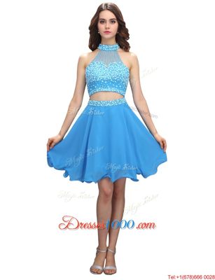 Blue Two Pieces Chiffon High-neck Sleeveless Beading Mini Length Zipper Evening Outfits