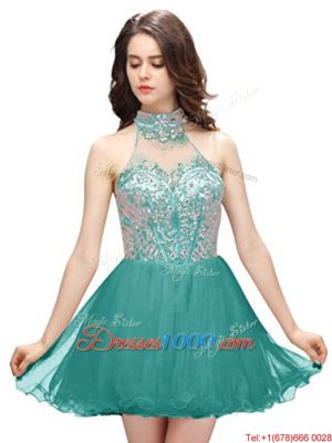 Captivating Teal Sleeveless Beading Mini Length Evening Gowns