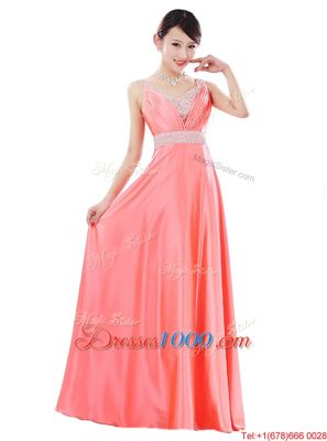 Watermelon Red V-neck Neckline Beading Juniors Evening Dress Sleeveless Zipper