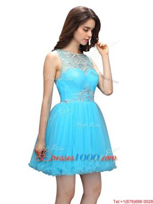 Flare Scoop Sleeveless Zipper Formal Dresses Aqua Blue Organza