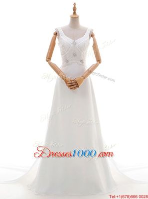White Sleeveless With Train Beading Backless Wedding Gowns