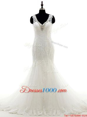 Fine Mermaid Tulle and Lace Sleeveless Wedding Dresses Brush Train and Beading