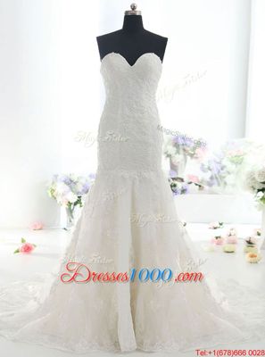 Latest Mermaid White Wedding Gown Wedding Party and For with Lace Sweetheart Sleeveless Brush Train Backless
