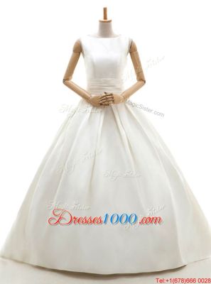 Suitable Floor Length White Bridal Gown Satin Sleeveless Ruching