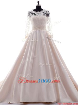 Colorful Scalloped Pink 3|4 Length Sleeve Satin Brush Train Clasp Handle Wedding Dress for Wedding Party