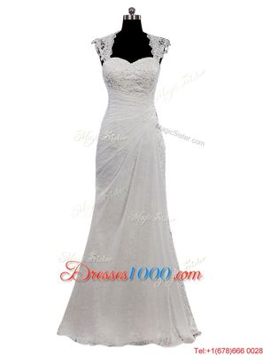 Trendy White Cap Sleeves Floor Length Lace Side Zipper Bridal Gown