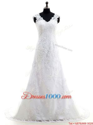Brush Train Column/Sheath Bridal Gown Lilac V-neck Lace Sleeveless With Train Clasp Handle