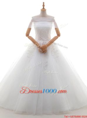 Captivating White Cap Sleeves Tulle Court Train Lace Up Wedding Dresses for Wedding Party