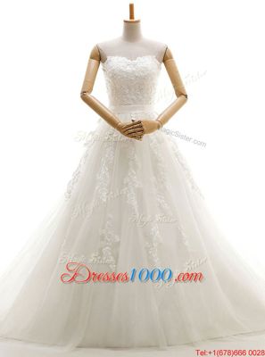 White Lace Up Strapless Appliques Wedding Gowns Satin Sleeveless Cathedral Train