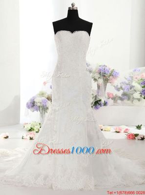 Superior Mermaid White Sweetheart Lace Up Lace Wedding Gown Court Train Sleeveless