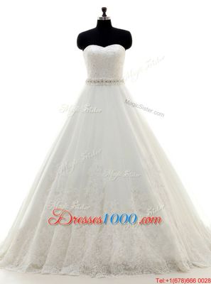 Beautiful White Lace Lace Up Sweetheart Sleeveless With Train Wedding Dress Brush Train Beading and Lace