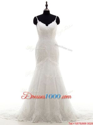 Mermaid White Backless Wedding Dresses Lace Sleeveless With Brush Train