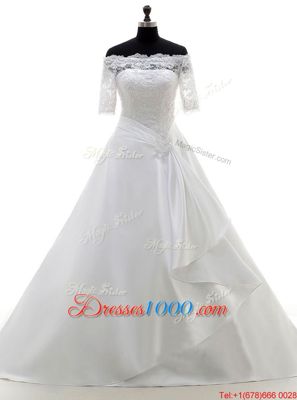 Captivating White Satin Clasp Handle Off The Shoulder Half Sleeves With Train Wedding Gowns Brush Train Lace