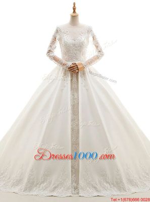 Scoop Long Sleeves Wedding Gown With Train Cathedral Train Appliques White Satin