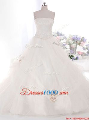 Inexpensive White Zipper Strapless Hand Made Flower Wedding Gown Tulle Sleeveless Brush Train