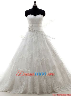 Lovely Scoop White Sleeveless Tulle Brush Train Zipper Wedding Dresses for Wedding Party