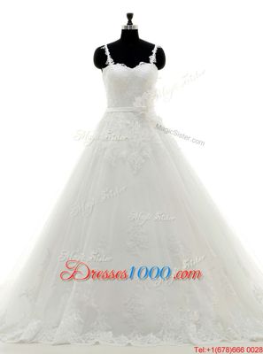 Super White A-line Tulle Spaghetti Straps Sleeveless Lace and Appliques and Hand Made Flower With Train Side Zipper Wedding Gown Brush Train