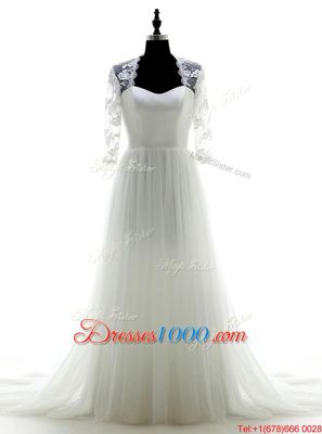 Fashion White Wedding Gowns Wedding Party and For with Appliques Sweetheart 3|4 Length Sleeve Brush Train Zipper