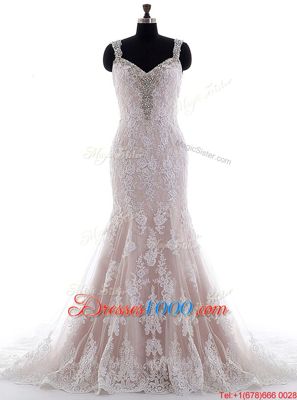 With Train Backless Wedding Gowns White and In for Wedding Party with Beading and Lace Brush Train