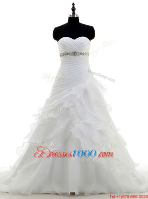 Beautiful Brush Train A-line Wedding Gown White Sweetheart Organza Sleeveless With Train Lace Up
